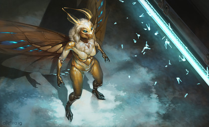 antennae_(anatomy) anthro black_sclera blue_eyes claws digitigrade female hair mandibles neck_tuft neon nude solo tuft white_hair wide_hips wings athume arthropod insect lepidopteran moth hi_res