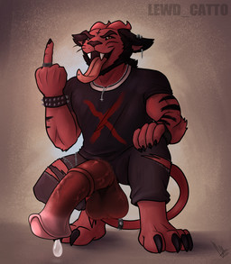 animal_genitalia animal_penis anthro beard big_flare big_penis bodily_fluids bottomwear bracelet clothing dripping ear_piercing equine_genitalia equine_penis evil_face facial_hair flared_penis genital_fluids genitals gesture hand_gesture horn huge_flare huge_penis hyper hyper_genitalia hyper_penis jewelry male middle_finger muscular muscular_male necklace pants penis piercing precum precum_drip ring simple_background solo spiked_bracelet spikes torn_bottomwear torn_clothing torn_pants whiskers lewd_catto vermell demon felid feline mammal hi_res
