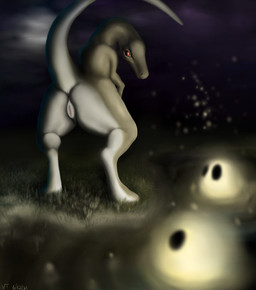 anthro anus belly big_eyes black_body butt dark dark_body female feral genitals grass long_neck long_snout looking_back muscular muscular_thighs neutral_expression night plant raised_tail rear_view red_eyes smooth_skin snout tail thick_thighs vulva water white_belly wide_hips wildtail_(artist) ghost scalie spirit absurd_res hi_res