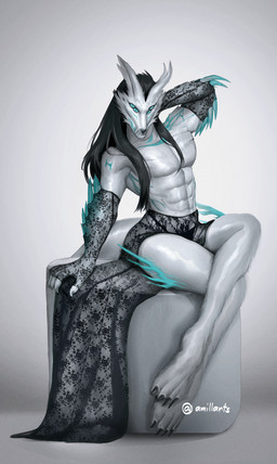 anthro black_hair blue_eyes chair claws clothed clothing fangs furniture hair legwear lingerie lingerie_panties long_hair looking_at_viewer male markings multi_eye on_chair panties pattern_clothing pose scales simple_background sitting sitting_on_another sitting_on_chair smile solo spikes spikes_(anatomy) tail teeth thorns topwear underwear vein white_body amille.rod mythology hynvale_navayaghale_(hynvale) canid canine canis dragon mammal mythological_creature mythological_scalie scalie unknown_species wolf hi_res pinup
