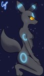 anthro bioluminescence black_body black_fur blue_body blue_fur breasts female fur glowing kneeling nipples nude solo yellow_sclera cybeeyoru nintendo pokemon umbreon_day eeveelution generation_2_pokemon pokemon_(species) shiny_pokemon umbreon hi_res