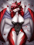 bed bedroom big_breasts bodystocking bow_ribbon breasts clothed clothing corset female flower fur furniture hair lingerie plant red_body red_eyes red_fur red_hair rose_(flower) simple_background smile solo topwear wings mononi canid canine fox mammal hi_res