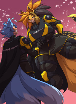 anthro armor big_breasts black_hair blue_hair blue_tail blush bodily_fluids breasts cape clothed clothed_anthro clothed_female clothed_humanoid clothed_male clothing duo female fluffy fluffy_tail flying_sweatdrops fur grey_eyes hair huge_breasts huge_thighs male multi_tail multicolored_hair orange_body orange_fur orange_hair size_difference sweat sweatdrop tail thick_thighs two_tone_hair toughset helldivers animal_humanoid canid canid_humanoid canine canine_humanoid fox fox_humanoid humanoid mammal mammal_humanoid 2026 hi_res