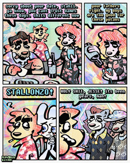 4_panel_comic aloha_shirt anthro black_hair blonde_highlights blue_body blue_fur bow_tie brown_body brown_fur brown_hair cheek_spots cigar cigar_in_mouth cigarette cigarette_in_mouth clothing collared_shirt container cup dialogue dress drinking_glass facial_hair flat_cap floppy_ears fur glass glass_container glass_cup group hair half-closed_eyes hat headgear headwear highlights_(coloring) male markings mole_(marking) mustache narrowed_eyes object_in_mouth open_mouth open_smile orange_hair overalls pattern_clothing pattern_shirt pattern_topwear polo_shirt shirt smile smoking_tobacco speech_bubble tan_body tan_fur text topwear white_body white_fur wide_eyed wine_bottle wine_glass rawdawgcomics bingus_(rawdawgcomics) cataldo_(rawdawgcomics) rosemary_(rawdawgcomics) stahli_(rawdawgcomics) bird_dog canid canine canis domestic_dog golden_retriever hunting_dog lagomorph leporid mammal rabbit retriever 4:5 comic english_text hi_res translation_request