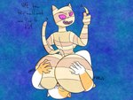 4:3 adventure_time anthro big_butt butt butt_grab cake_the_cat cartoon_network dagger domestic_cat duo facesitting felid feline felis female female/female fur hand_on_butt hi_res mammal me-mow melee_weapon multicolored_body multicolored_fur mummy purple_eyes sitting_on_another text titaniumtonail two_tone_body two_tone_fur undead weapon