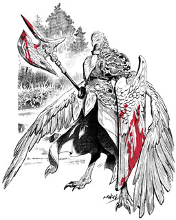anthro armor beak digitigrade feathered_wings feathers halberd male melee_weapon polearm solo standing weapon wings miso_kiccck elden_ring elden_ring_nightreign fromsoftware guardian_(nightreign) absurd_res digital_drawing_(artwork) digital_media_(artwork) hi_res restricted_palette