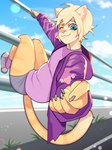 anthro biped blonde_hair casual_clothing clothed clothing dangling depth_of_field foreshortening fully_clothed hair hoodie one_eye_closed outside railing reaching_towards_viewer solo topwear wink freakster sora_(tehkey) felid feline mammal digital_media_(artwork) hi_res