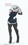 anthro beverage big_butt bottomwear butt clothing coffee eyewear female glasses legwear miniskirt secretary secretary_hopps skirt solo stockings suit text thick_thighs toeless_legwear pace-maker disney zootopia judy_hopps lagomorph leporid mammal rabbit english_text hi_res