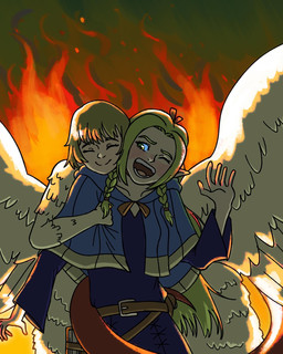 5_fingers abstract_background accessory belt belt_buckle blonde_hair blue_clothing blue_topwear blush buckle capelet clothed clothing collarbone duo eyebrows eyes_closed feathered_wings feathers female fingers fire fire_background front_view green_eyes grimoire hair hair_accessory hair_ribbon hand_on_chest head_on_shoulder hug humanoid_pointy_ears light_body long_hair long_tail nude one_eye_closed open_mouth orange_lighting pigtails pointy_ears raised_hand red_body ribbons short_hair smile spread_wings straight_hair tail tail_around_partner teeth thick_eyebrows thick_tail tongue topwear white_body white_feathers wings shiploaf delicious_in_dungeon mythology falin_touden marcille_donato avian avian_taur dragon dragon_taur elf humanoid humanoid_taur hybrid mythological_creature mythological_scalie scalie taur 2025 cel_shading colored digital_drawing_(artwork) digital_media_(artwork) hi_res line_art shaded