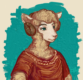 anthro blue_eyes clothed clothed_anthro clothed_male clothing ears_up eyebrows fur horn jewelry looking_forward male necklace red_clothing red_shirt red_topwear shirt solo topwear wool_(fur) reynard_goodfellow reynard_the_baa bovid caprine mammal sheep