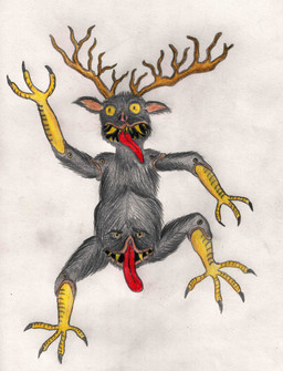 andromorph antlers avian_feet bird_hand black_body black_fur claws clitoris fur genitals hairy horn intersex medieval_style mouth_for_vulva multi_head sharp_teeth solo teeth tongue tongue_out unusual_face unusual_face_placement ebrithilbowser demon humanoid absurd_res hi_res