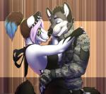 anthro beard big_breasts breasts clothing duo eyes_closed facial_hair female green_eyes hug love male romantic romantic_couple side_boob side_view smile uniform smileeeeeee ezra_bridger gorsha_(character) arctic_wolf canid canine canis mammal wolf 2014 digital_media_(artwork) shaded