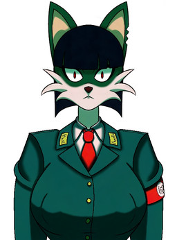 accessory admiral_sabrina_chama anthro armband black_hair breasts clothed clothed_anthro clothing female fur green_body green_fur hair looking_at_viewer medium_hair military_uniform nazi nazi_armband necktie notched_ear red_necktie simple_background solo swastika uniform white_background white_body white_fur kamen_galaxy canid canine fox mammal english_description