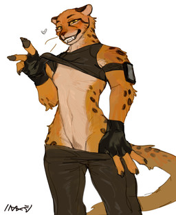 anthro biped blue_eyes blush breasts clothing fangs female fingers fur gloves handwear heart_symbol looking_at_viewer navel orange_body orange_fur simple_background small_breasts solo standing teeth white_background yellow_sclera bebebebebe cheetah felid feline mammal hi_res