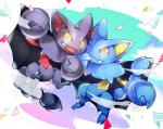 abstract_background ambiguous_gender duo feral looking_at_viewer one_eye_closed open_mouth simple_background smile teeth tongue yellow_eyes xx56su_x nintendo pokemon generation_4_pokemon gliscor pokemon_(species) shiny_pokemon 2015