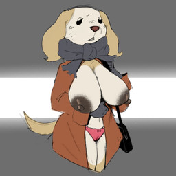anthro areola beady_eyes big_breasts black_eyes breasts brown_areola brown_clothing brown_coat brown_nipples brown_nose brown_topwear camel_toe clothed clothing coat eyelashes female front_view fur gloves grey_background grey_clothing grey_gloves grey_handwear grey_scarf handwear navel nipples open_clothing open_coat open_topwear panties pink_clothing pink_panties pink_underwear purse scarf simple_background solo thick_thighs topwear underwear white_background white_body white_fur wide_hips yellow_body yellow_fur estebon89 aggretsuko sanrio inui_(aggretsuko) borzoi canid canine canis domestic_dog hunting_dog mammal sighthound hi_res