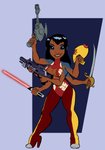 5_fingers 6_arms alien alternate_species assault_rifle black_eyes black_hair breasts clothed clothing cutlass disney experiment_(lilo_and_stitch) female fingers footwear grin gun hair hi_res high_heels humanoid lightsaber lilo_and_stitch lilo_pelekai lilo_pelekai_(experiment) medium_breasts melee_weapon multi_arm multi_limb multi_wielding plasma_blaster_(lilo_and_stitch) plasma_gun ranged_weapon raygun red_lightsaber rifle shoes simple_background smile solo standing star_wars sword unknown_artist weapon
