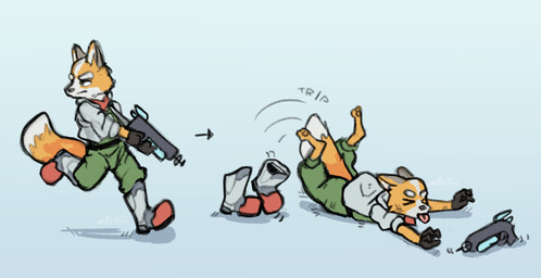 anthro black_clothing black_gloves black_handwear blep bottomwear clothed clothing dipstick_tail eyes_closed fur gloves green_bottomwear green_clothing green_pants gun handwear holding_gun holding_object holding_ranged_weapon holding_weapon humanoid_hands jacket kerchief looking_back male markings neckerchief neckwear open_clothing open_jacket open_topwear orange_body orange_fur pants pawpads ranged_weapon red_kerchief red_neckerchief solo tail tail_markings tongue tongue_out topwear tripping walking weapon white_body white_clothing white_fur white_jacket white_tail_tip white_topwear mollietown nintendo star_fox fox_mccloud canid canine fox mammal 2026 digital_drawing_(artwork) digital_media_(artwork) english_description hi_res sequence