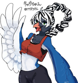 anthro beak black_body black_feathers blue_body blue_feathers bottomwear bra breasts cheek_tuft clothing crop_top facial_tuft feathers female gesture green_eyes hair midriff neck_tuft open_beak open_mouth ponytail shirt simple_background small_breasts smile solo standing stripes topwear tuft underwear waving waving_at_viewer white_body white_feathers wings urotori cissa_(idorrth) avian bird digital_media_(artwork) half-length_portrait portrait signature