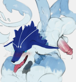 antennae_(anatomy) anthro balls big_penis blush blush_lines bodily_fluids butt drooling fur genital_fluids genitals humanoid_genitalia humanoid_penis male penis precum saliva solo spines tail tongue tongue_out kogito genshin_impact mihoyo andrius_(genshin_impact) canid canine canis mammal wolf hi_res