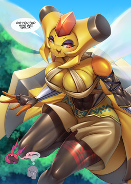 :3 anthro biped breasts cleavage clothed clothing dialogue eyelashes female pupils smile solo_focus speech_bubble text thick_thighs yellow_body mleonheart nintendo pokemon anon arthropod generation_4_pokemon generation_5_pokemon human hymenopteran insect mammal pokemon_(species) scolipede vespiquen 2024 hi_res