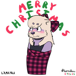 accessory anthro bedding black_choker black_clothing black_jewelry black_necklace black_shirt black_tank_top black_topwear blanket blush bound bow_ribbon choker clothing embarrassed festive fur hair hair_accessory hair_bow hair_ribbon half-closed_eyes holiday_message holidays jewelry light_body light_fur long_hair looking_away merry_christmas narrowed_eyes necklace plaid purple_body purple_skin ribbons shirt shy simple_background solo tank_top text topwear wrapped borealhao christmas lamapola vinea_(lamapola) domestic_ferret mammal mustelid musteline true_musteline weasel 1:1 absurd_res hi_res signature