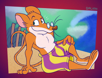 3_toes 4_fingers anthro arm_support barefoot beach blurred_background brown_nose chest_tuft clothed clothing curling_tail eyebrows eyewear feet fingers fur glance glasses green_eyes hairless_tail head_tuft humanoid_hands knee_up male multicolored_body multicolored_fur orange_body orange_fur outside paws pecs plantigrade pose raised_eyebrow ribs sand seductive sitting smile smiling_at_viewer solo swimming_trunks swimwear tail tan_body tan_chest tan_fur tidal_wave toes toony topless topless_anthro tuft two_tone_body two_tone_feet two_tone_fur water wavy_mouth wavy_smile whiskers white_sclera gavanzude geronimo_stilton_(series) geronimo_stilton house_mouse mammal mouse murid murine rodent 2025 alternate_version_at_paywall colored digital_drawing_(artwork) digital_media_(artwork) flat_colors hi_res pinup signature