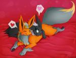 black_body black_fur blush duo eyes_closed female feral fur green_eyes heart_symbol laural_crown lying male on_front orange_body orange_fur red_background simple_background sploot candyfoxy nintendo pokemon augustus_(uploadingglaceon) shira_(cyberjolteon) eeveelution flareon generation_1_pokemon jolteon pokemon_(species) digital_media_(artwork) shaded