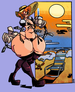 2_artificial_limbs beach belly big_hands bikini bikini_pull black_eyes blush bodily_fluids breasts clothed clothing clothing_pull cybernetic_arm cybernetic_eye cybernetic_leg cybernetic_limb cybernetics deep_navel detailed_background disability duo empty_eyes female feral folding_chair food front_view gloves hair handwear hat headgear headwear huge_hips huge_thighs hyper hyper_hips hyper_thighs machine navel not_furry_focus one_eye_closed orange_hair outside pale_skin popsicle seaside skimpy small_breasts solo_focus squish sun_hat sweat sweatdrop swimwear swimwear_pull thick_thighs thigh_squish three-quarter_view two-piece_swimsuit walking wide_hips actioncoaster skullgirls peacock_(skullgirls) aquatic arthropod crab crustacean cyborg decapod human humanoid malacostracan mammal hi_res