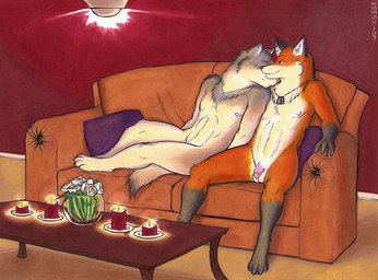4_toes 5_fingers anthro anthro_on_anthro balls black_body black_eyes black_fur candle circumcised claws cross cross_necklace cuddling date detailed_background dog_tags duo feet fingers flaccid flower fur furniture genitals gloves_(marking) grey_body grey_fur humanoid_genitalia humanoid_penis inner_ear_fluff inside jewelry lanthryn leg_markings lying male male/male markings multicolored_body multicolored_fur necklace nipples nude orange_body orange_fur penis pillow plant romantic romantic_ambiance romantic_couple sitting smile socks_(marking) sofa table toe_claws toes tuft white_body white_fur meesh canid canine canis fox mammal wolf 2007 digital_media_(artwork) hi_res marker_(artwork) signature traditional_media_(artwork)