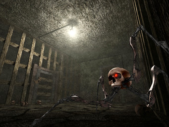 ambiguous_gender bone cybernetic_eye cybernetics glowing glowing_eyes human_skull inside looking_up low-angle_view machine not_furry prison red_eyes skeleton skull solo deino_(artist) rubidium_(deino) animated_skeleton humanoid robot robot_humanoid undead waddling_head 2009 3d_(artwork) 4:3 autodesk_3ds_max_(artwork) digital_media_(artwork) female_(lore)