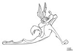 3_toes anthro biped black_and_white butt canid canine canis claws coyote curved_back digital_drawing_(artwork) digital_media_(artwork) feet finger_claws fist glance glancing_back half-closed_eyes hand_on_head handstand hi_res line_art looking_at_viewer looney_tunes lying male mammal monochrome narrowed_eyes nude on_front on_one_hand pinup plantigrade pose raised_tail simple_background smile smiling_at_viewer smirk smirking_at_viewer soles solo stevethedragon tail thick_calves toes warner_brothers weaselgrease white_background wile_e._coyote