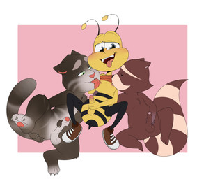 antennae_(anatomy) anthro balls blush butt clothing erection fur genitals group group_sex humanoid_genitalia humanoid_penis licking male male/male mascot nipple_fetish nipple_lick nipple_play nipple_suck nipples nude open_mouth penile penis sex simple_background smile sucking tail threesome tongue tongue_out topwear trio yellow_body enookie cheerios chillhop general_mills honey_nut_cheerios talking_tom_and_friends buzz_the_bee chillhop_raccoon talking_tom arthropod bee domestic_cat felid feline felis honey_bee hymenopteran insect mammal procyonid raccoon absurd_res digital_media_(artwork) hi_res
