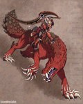 anthro armor asian_clothing breastplate claws clothing east_asian_clothing fangs female feral fur gauntlets genderfluid_pride_colors gloves greaves hair half_mask handwear highlights_(coloring) japanese_clothing lgbt_pride longsword menpo muscular muscular_feral obi ponytail pride_colors riding_on_back saddle scutes tail teeth lizardbeth capcom monster_hunter nekros_(character) canid canine canis fanged_wyvern mammal odogaron wolf 4:5 gynomorph_(lore) nonbinary_(lore)