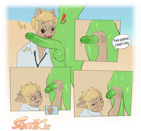 accessory anthro balls big_penis blonde_hair blush bodily_fluids cactus clothing dialogue duo erection femboy foreskin genital_fluids genitals glans hair male male/male necktie nude penis plant precum slim slim_male text sosalkis absurd_res comic english_text hi_res