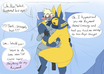 after_sex after_transformation anthro anthro_on_anthro bed blonde_hair blood blush bodily_fluids breasts butt dialogue duo female furniture grey_body hair hypnosis lying male male/female mind_control nude on_back on_bed open_mouth pillow profanity surprised tail tail_around_waist text yellow_body robertge animal_crossing nintendo ankha_(animal_crossing) jason_markova raymond_(animal_crossing) domestic_cat felid feline felis mammal 2026 digital_media_(artwork) english_text
