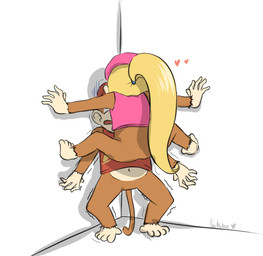 anthro dominant dominant_female duo female male scared submissive submissive_male trapped solroseart cicada_block donkey_kong_(series) nintendo diddy_kong dixie_kong haplorhine kong mammal monkey primate meme
