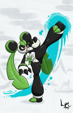 2_toes 3_fingers belt big_forearms breasts butt crotch_tuft feet female fingers forearms hair hair_bun high_kick kick kung_fu leaf leaf_hair multicolored_body muscular open_mouth orange_eyes plant plant_hair pseudo_hair solo thigh_spikes toes tuft fuzzycogs palworld pocketpair bear giant_panda mammal pal_(species) absurd_res hi_res