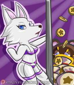 ambiguous_gender anthro areola breasts cleavage clothed clothing dancing duo female female_focus heart_eyes heart_symbol looking_at_viewer money nipple_outline open_mouth pole pole_dancing solo_focus text the_psi_fox animal_crossing nintendo tom_nook_(animal_crossing) whitney_(animal_crossing) arctic_wolf canid canine canis mammal raccoon_dog tanuki wolf hi_res url