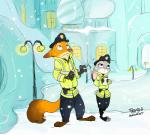 anthro clothing duo female looking_up male night police police_uniform snow uniform frava8 disney zootopia judy_hopps nick_wilde canid canine fox lagomorph leporid mammal rabbit red_fox true_fox 2017 absurd_res hi_res