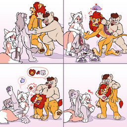 anthro biped black_nose blue_eyes blush bodily_fluids brown_hair brown_pawpads butt countershade_butt countershade_face countershade_feet countershade_fur countershade_hands countershade_neck countershade_torso countershading cross-popping_vein cum cum_drip dipstick_tail dripping erection facial_markings feet female female_anthro fingerless_(marking) front_view fur genital_fluids genitals gloves_(marking) grey_body grey_fur group hair head_markings heart_(marking) heart_symbol iconography inanimate_transformation legs_together licking licking_lips looking_at_another looking_at_viewer looking_back looking_back_at_another markings masturbation nude nude_female nude_male orange_body orange_fur pawpads penile penile_masturbation penis purple_eyes purple_nose purple_pawpads rear_view red_eyes red_hair side_view sitting sitting_on_ground smile snout snout_markings species_transformation speech_bubble spread_legs spreading standing suit_transformation tail tail_markings takeover tan_body tan_fur tan_markings three-quarter_view toeless_(marking) tongue tongue_out transformation vulva white_hair white_markings yelling zipper katzenfaust asher_fox_(asherfox94) blacktedy_(blacktedy) leo_caron_(asherfox94) leo_trinity_(asherfox94) animate_inanimate bear canid canine felid fox lion living_clothing mammal pantherine 1:1 2022 absurd_res colored comic hi_res