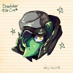 ambiguous_gender anthro biped black_clothing black_coat black_topwear clothing coat front_view green_body green_hair hair hair_over_eye hat headgear headwear looking_at_viewer pattern_background short_hair shy simple_background solo star striped_background text topwear yellow_eyes by:_muun hold_onto_mi ciro_(tucolewds) compsognathid dinosaur prehistoric_species reptile saurischian scalie scipionyx theropod 1:1 2025 absurd_res artist_name character_name colored english_text headshot_portrait hi_res portrait shaded