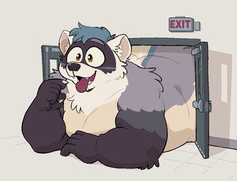 5_fingers anthro big_eyes black_body black_fur black_hands black_nose blue_hair claws cute_fangs doorway exit_sign eyebrows facial_markings fangs finger_claws fingers floor fur gesture grey_body grey_eyebrows grey_fur hair hand_gesture happy head_markings humanoid_hands inner_ear_fluff inside lying lying_on_ground macro macro_anthro macro_male male male_anthro markings mask_(marking) multicolored_body multicolored_fur nude nude_anthro nude_male on_front on_ground open_mouth open_smile orange_eyes overweight overweight_anthro overweight_male pink_inner_ear pink_tongue pointing pointing_at_mouth pointing_at_self smile solo tan_body tan_fur teeth three-quarter_view tile tile_floor tongue tongue_out toony tuft wall_(structure) white_body white_claws white_ears white_finger_claws white_fur white_inner_ear_fluff raymodule domestic_ferret mammal mustelid musteline true_musteline weasel cel_shading digital_drawing_(artwork) digital_media_(artwork) shaded