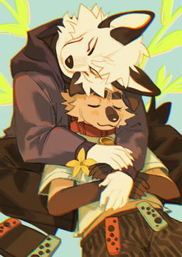 black_bottomwear black_clothing black_hoodie black_pants black_topwear blue_clothing blue_shirt blue_topwear blush blush_lines bottomwear brown_body brown_fur clothing collar_tag duo electronics fur game_console hoodie hug male pants shirt sleeping sleeping_together switch_console topwear white_body white_fur hemuchang nintendo nintendo_switch shin_(hemuchang) canid canine canis domestic_dog fox mammal 2024 hi_res