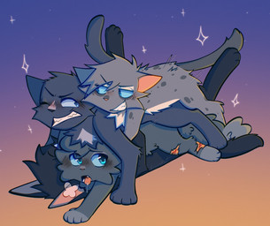 all_fours bared_teeth blue_eyes blush blush_lines bodily_fluids breath doggystyle drooling female female/female feral foursome from_behind_position from_front_position fur grey_body grey_fur group group_sex lying male male/female male/male missionary_position on_back panting questionable_consent saliva scar sex spread_legs spreading thrusting freckledcoat warriors_(book_series) ashfur_(thunderclan) bluestar_(warriors) cinderpelt_(warriors) crowfeather_(warriors) domestic_cat felid feline felis mammal hi_res