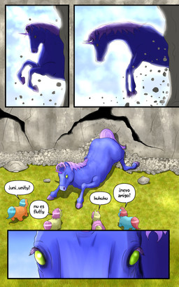 1_horn ambiguous_feral ambiguous_gender blue_body blue_fur blue_hair blue_tail day dialogue feral fur grass green_body green_eyes green_fur green_hair green_tail hair hole_(pit) hooves horn mane no_sclera orange_body orange_fur pink_body pink_fur pink_hair pink_hooves pink_horn pink_mane pink_tail plant purple_body purple_fur red_hair red_tail rock sky tail text young young_ambiguous young_feral inshi_(artist) fluffy_pony junji_ito_(copyright) mythology the_enigma_of_amigara_fault equid equine fluffy_pony_(species) mammal mythological_creature mythological_equine unicorn 2023 absurd_res comic digital_media_(artwork) hi_res shaded spanish_text