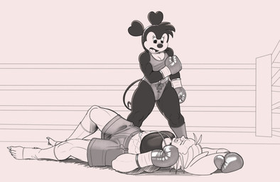 abs accessory anthro boxing boxing_gloves bra breasts cleavage clothed clothing duo female fighting_ring hair_accessory hairband handwear mature_female muscular muscular_female scar size_difference sport sports_bra sports_panties underwear dcheese disney muhammad_ali animal_humanoid aquatic aquatic_humanoid fish fish_humanoid humanoid mammal mouse murid murine rodent shark_humanoid 2026 digital_media_(artwork) hi_res monochrome
