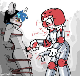 accessory against_surface against_wall anthro arms_tied balls bdsm blue_hair blush blush_lines bodily_fluids bodysuit bondage bound catch_condom clothing cock_ring condom condom_suit crying cum cum_in_clothing duo ejaculation elbow_pads fur genital_fluids genitals grey_body grey_fur hair handjob hands_behind_back headgear headwear highlights_(coloring) jewelry knee_pads latex latex_bodysuit latex_clothing latex_skinsuit male male/male penile penis penis_accessory penis_jewelry questionable_consent red_clothing red_headwear red_highlights restrained restraints rope rope_bondage sex sexual_barrier_device silver_clothing skinsuit submissive submissive_male tears tight_clothing wearing_condom f3sh zoul_illustration zoul canid canine canis humanoid mammal wolf hi_res