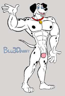 anthro big_muscles black_body black_fur black_spots blue_eyes collar flaccid fur genitals male markings mature_anthro mature_male muscular muscular_anthro muscular_male nude penis presenting solo spots spotted_body spotted_fur toony vein white_body white_fur blu3danny 101_dalmatians disney pongo canid canine canis dalmatian domestic_dog mammal 2015 absurd_res hi_res