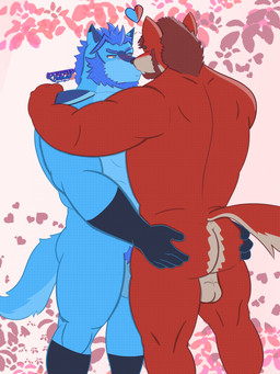 anthro balls barazoku barely_visible_balls barely_visible_genitalia beard blue_body blue_eyes blue_fur blush butt butt_grab duo facial_hair fur genitals hand_on_butt hand_on_shoulder heart_symbol holidays kiss_on_lips kissing leaf_background male male/male muscular muscular_anthro muscular_male nude pink_background pubes red_body red_fur simple_background tail conditional_dnp kazuhisa_(artist) kemoteto_yakuza_project valentine's_day joxen reddy_(kbh_yeen) canid canine canis mammal wolf 2026 3:4 absurd_res hi_res